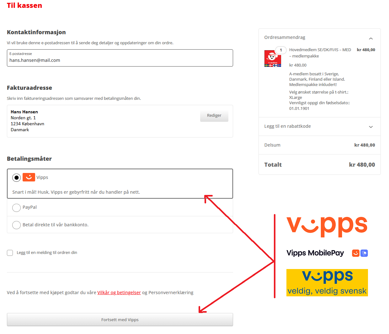 Velg Vipps i kassen / Välj Vipps i kassan / Vælg Vipps ved kassen